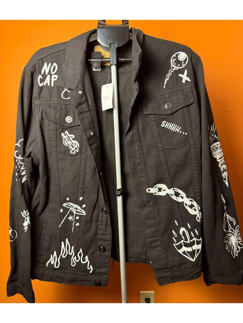New NWT 2X XXL Rue21 black denim jacket biker punk rocker hand painted Drip